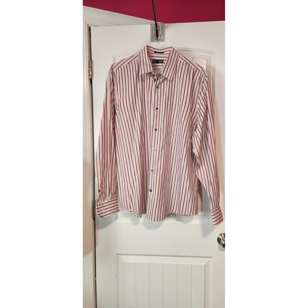 Express Mens XL 17-17.5 Modern Fit Long Sleeve Red Striped Cotton Spandex Shirt
